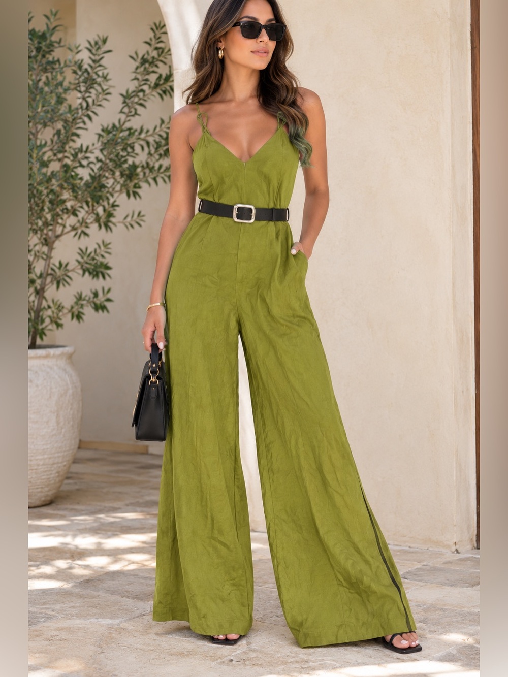 Zara Olive Green Wide-Leg Spaghetti Strap Jumpsuit